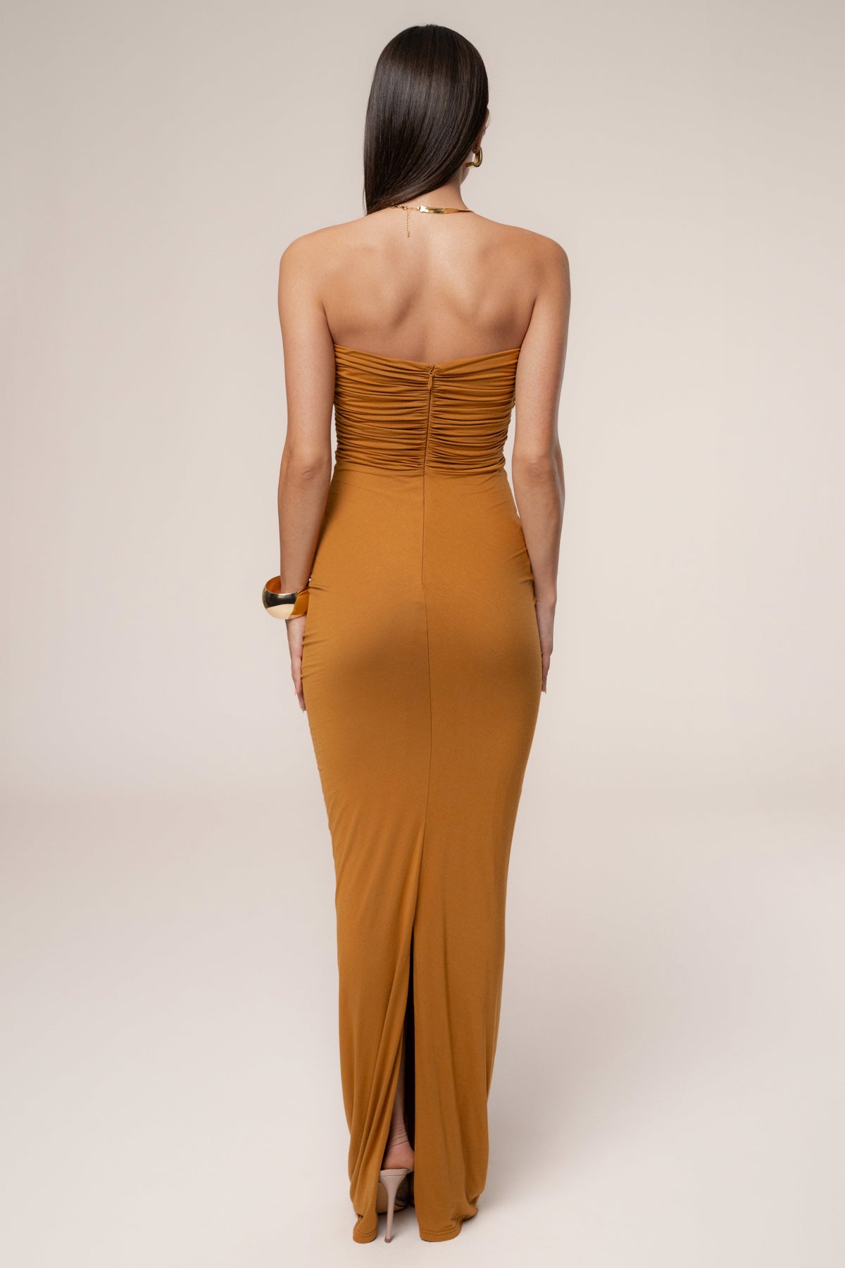 Strapless Cut Out Ruched Drape Front Bodycon Maxi Dress 7