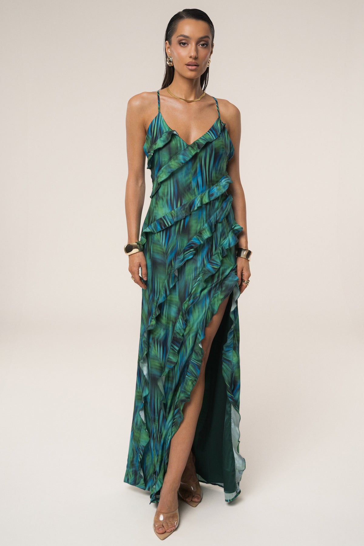 Tropical Print V-Neck Ruffle Trim High Split Maxi Dress 4