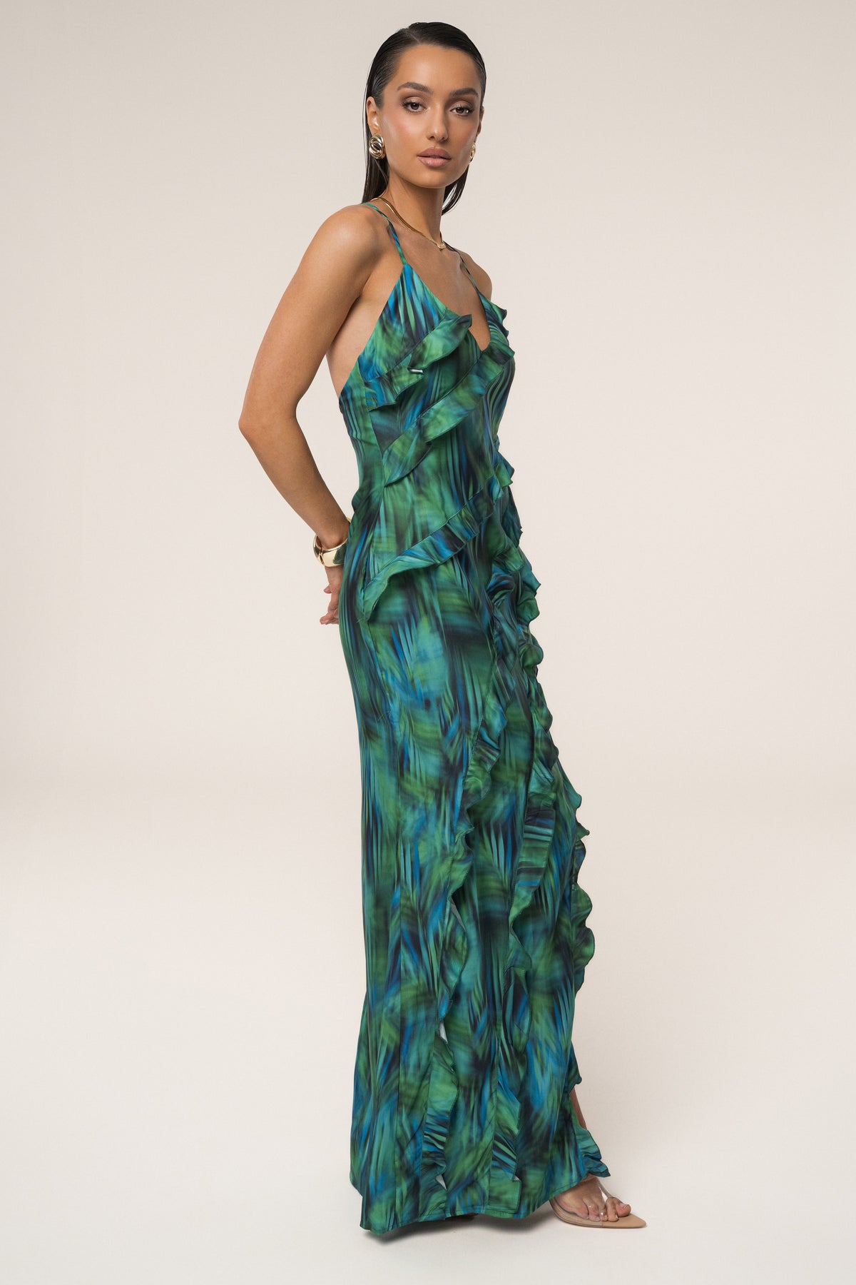 Tropical Print V-Neck Ruffle Trim High Split Maxi Dress 5