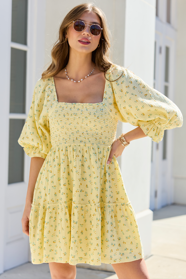 Ditsy Floral Smocked Square Neck Puff Sleeve Tiered Mini Dress