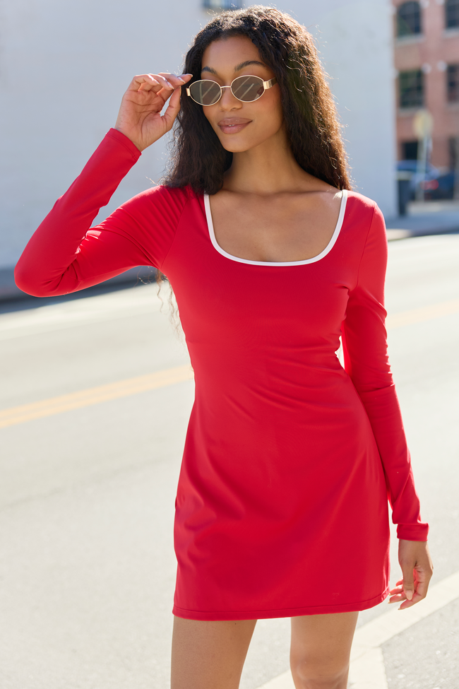 Scoop Neck Long Sleeve Contrast Trim Active Mini Dress