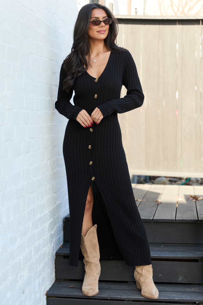 Ribbed Knit V-Neck Long Sleeve Button Front Maxi Sweater Dress 3