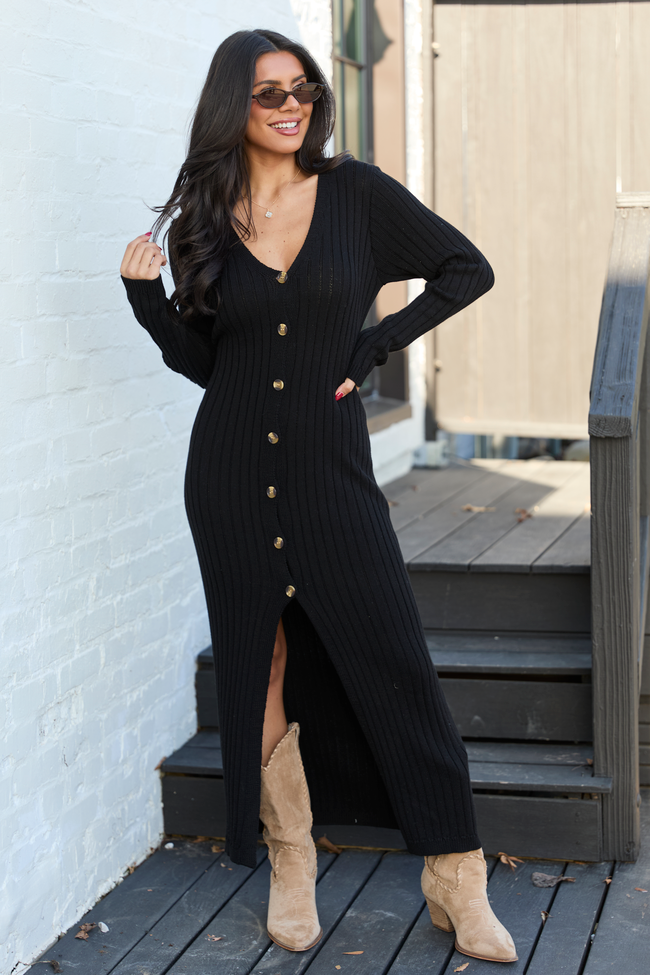 Ribbed Knit V-Neck Long Sleeve Button Front Maxi Sweater Dress