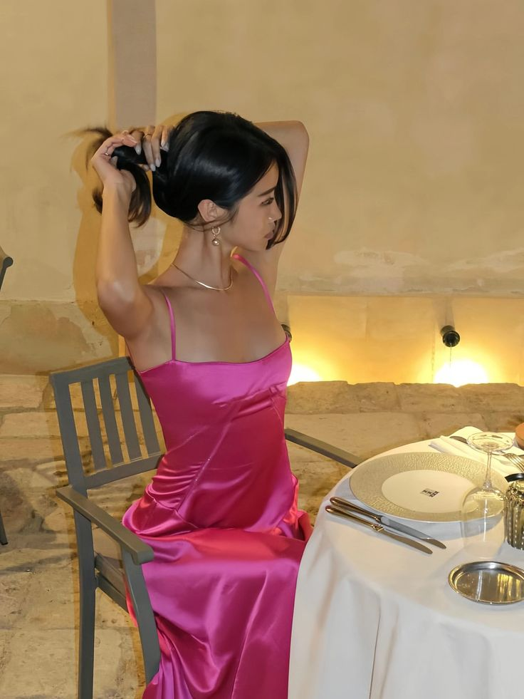 Charming Hot Pink Straps Satin A Line Long Evening Dress Party Dress cc1876