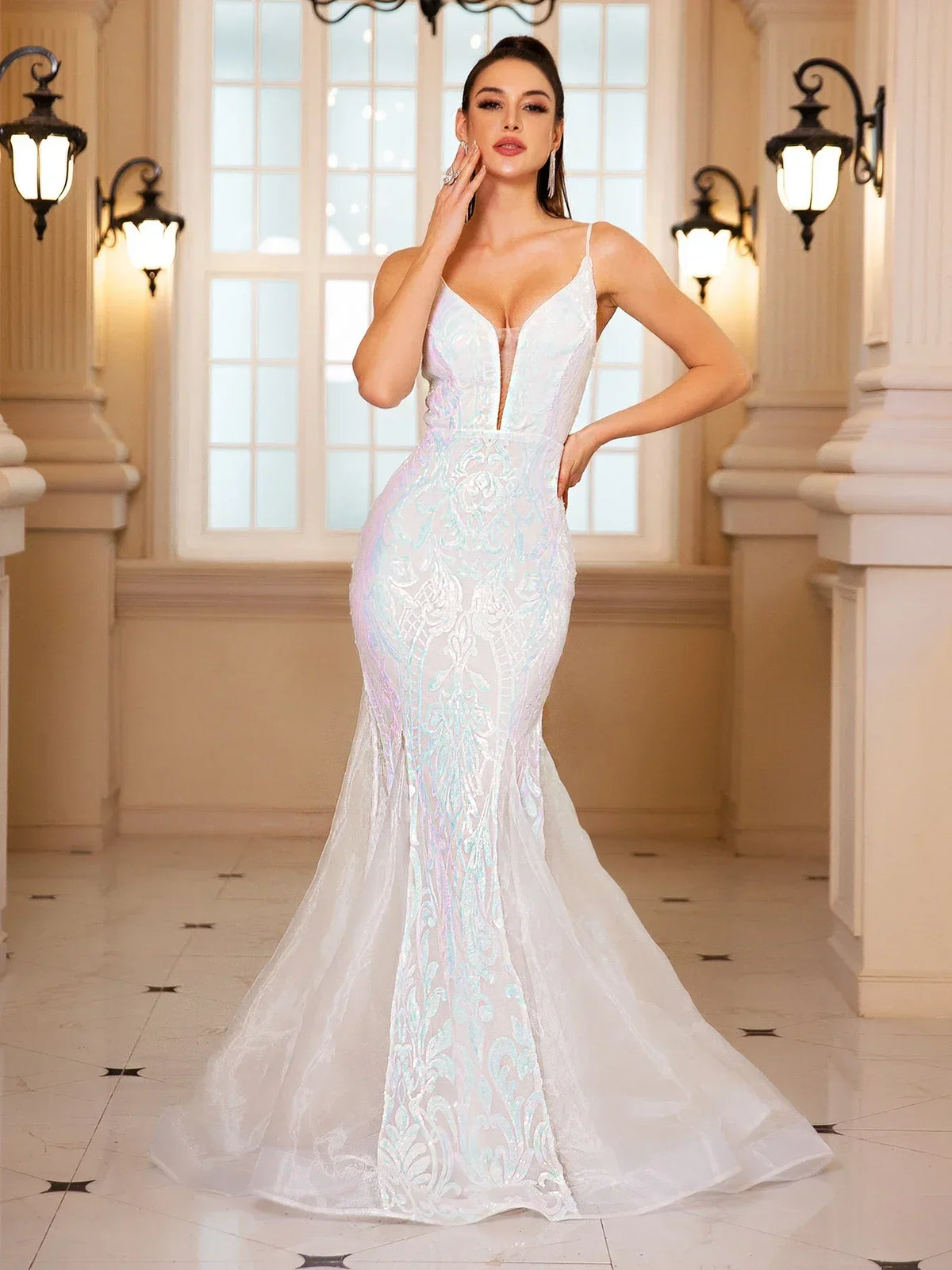 Sequin Deep V-Neck Spaghetti Strap Tulle Hem Mermaid Gown 8