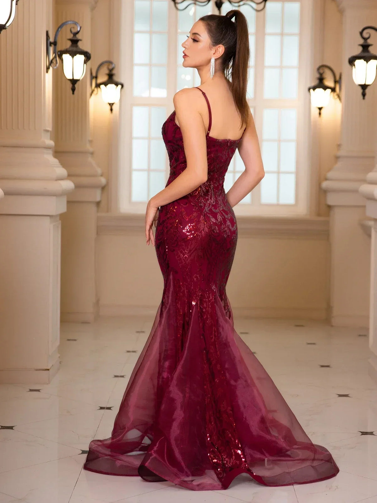 Sequin Deep V-Neck Spaghetti Strap Tulle Hem Mermaid Gown 2