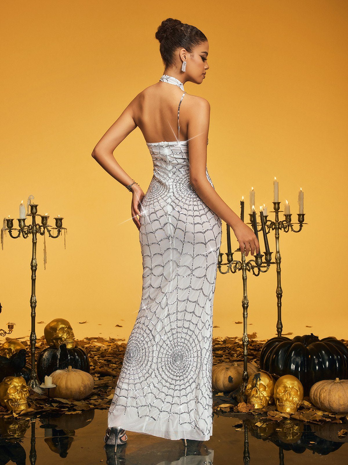 Sequin Halter Neck Cobweb Mermaid Maxi Dress