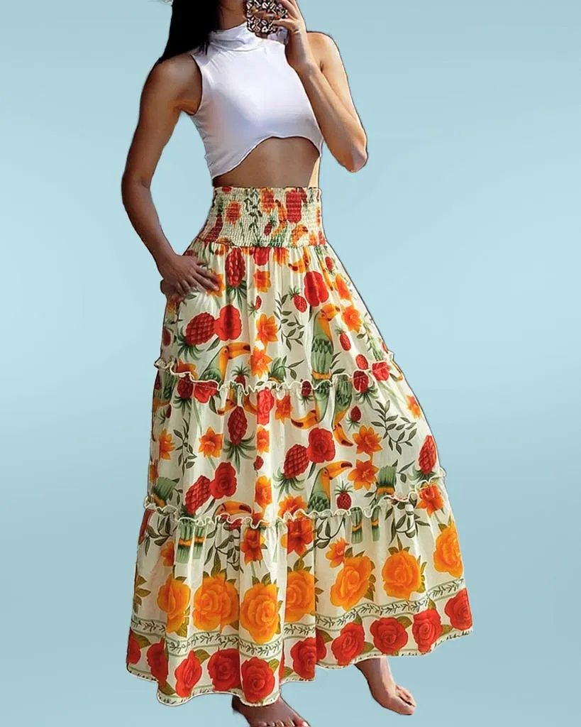 Multicolor Maxi Skirt Floral Print Viscose