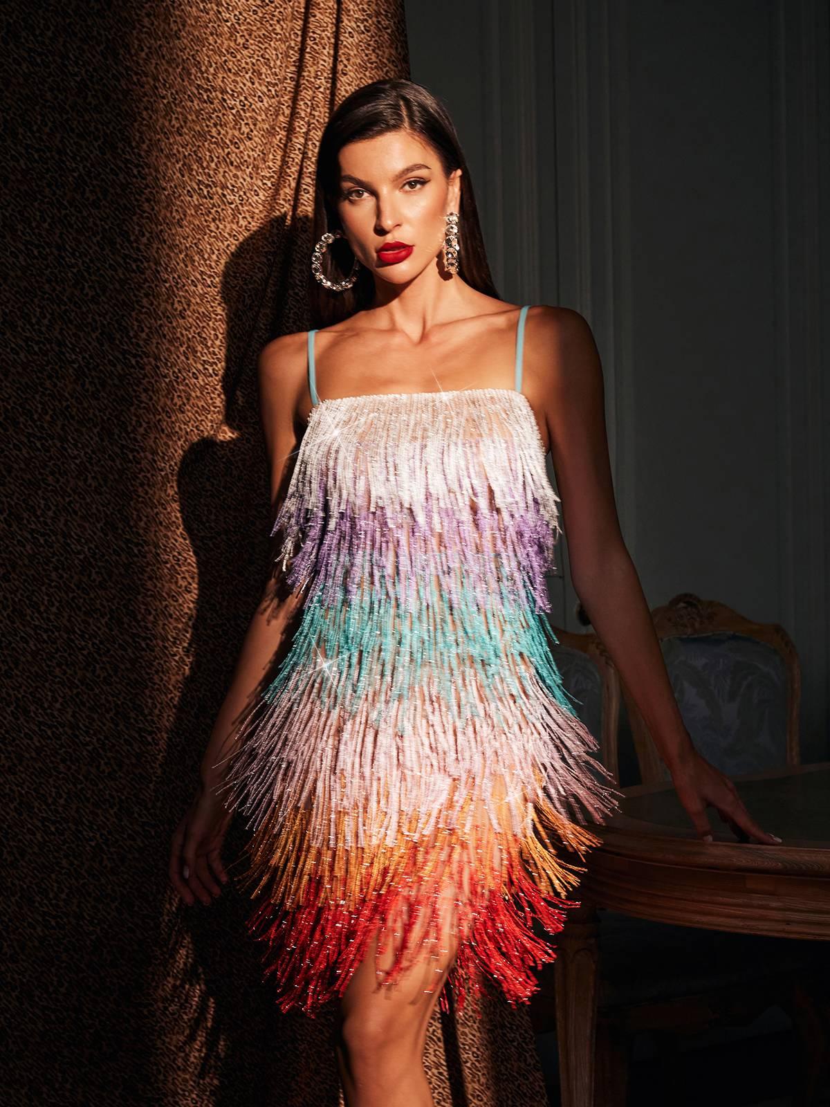 Spaghetti Strap Tiered Beaded Fringe Ombre Mini Party Dress