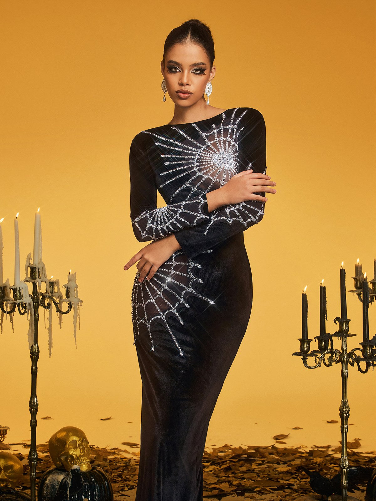 Long Sleeve Cobweb Velvet Maxi Dress - View 3