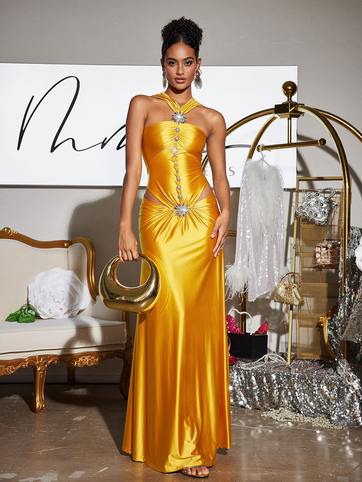 Satin Halter Neck Crystal Embellished Cut Out Ruched Maxi Dress