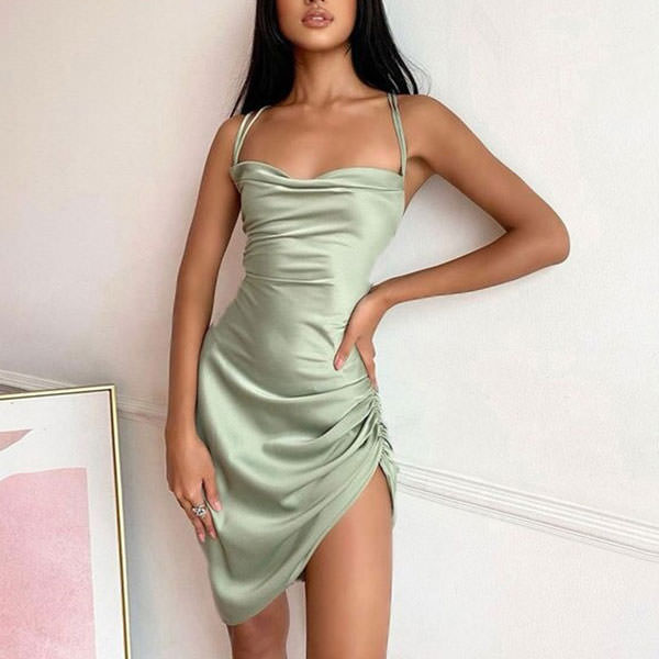 Satin Cowl Neck Spaghetti Strap Ruched Side Gathered Asymmetric Hem Bodycon Mini Dress