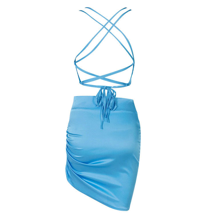 Satin Cowl Neck Spaghetti Strap Ruched Side Gathered Asymmetric Hem Bodycon Mini Dress