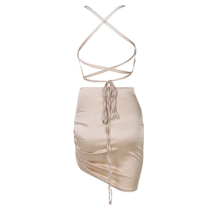 Satin Cowl Neck Spaghetti Strap Ruched Side Gathered Asymmetric Hem Bodycon Mini Dress