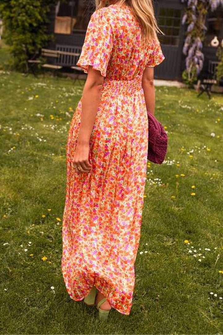 Floral Print V-Neck Flutter Sleeve Wrap Maxi Dress