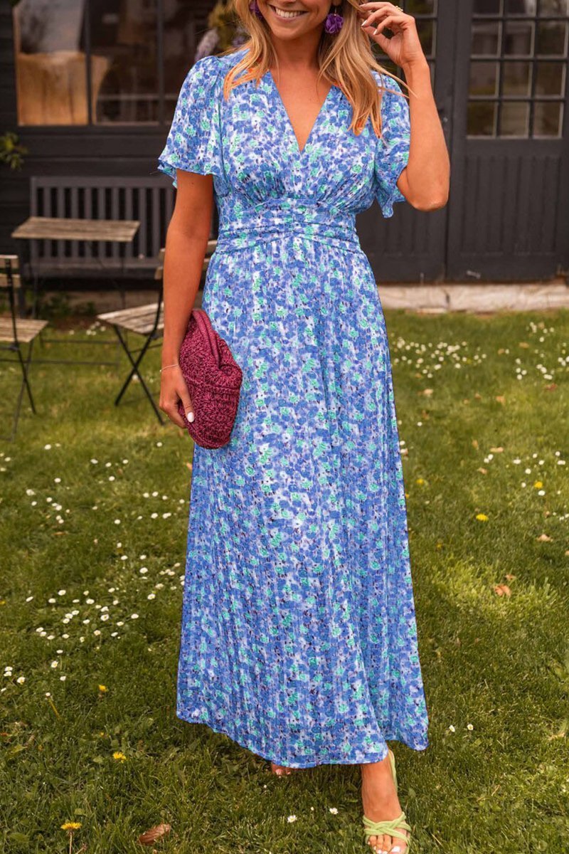 Floral Print V-Neck Flutter Sleeve Wrap Maxi Dress