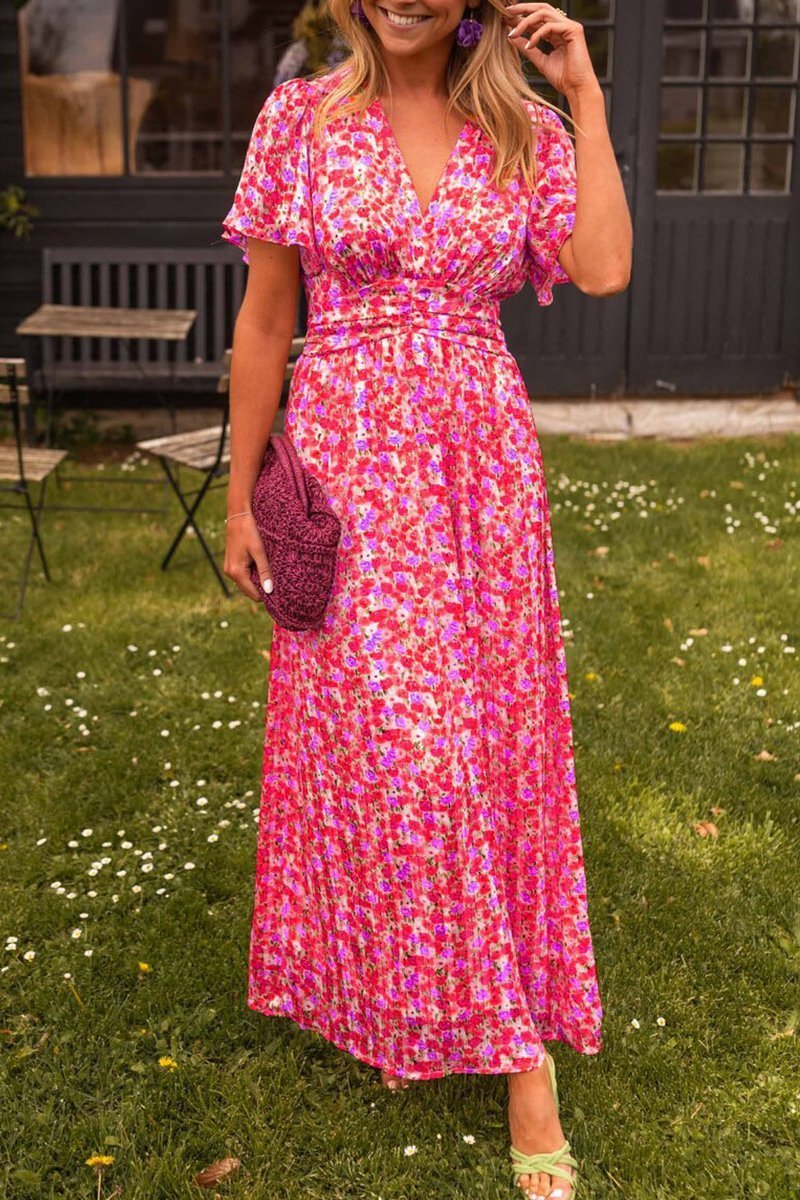 Floral Print V-Neck Flutter Sleeve Wrap Maxi Dress