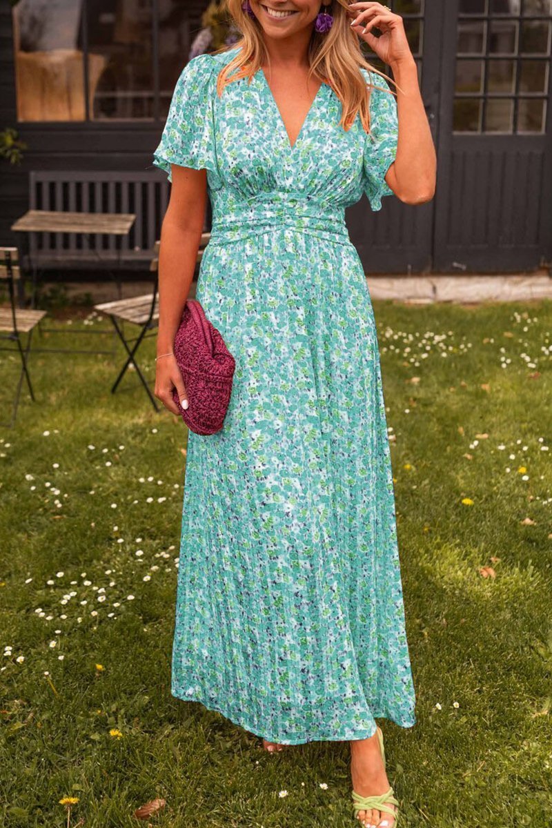 Floral Print V-Neck Flutter Sleeve Wrap Maxi Dress