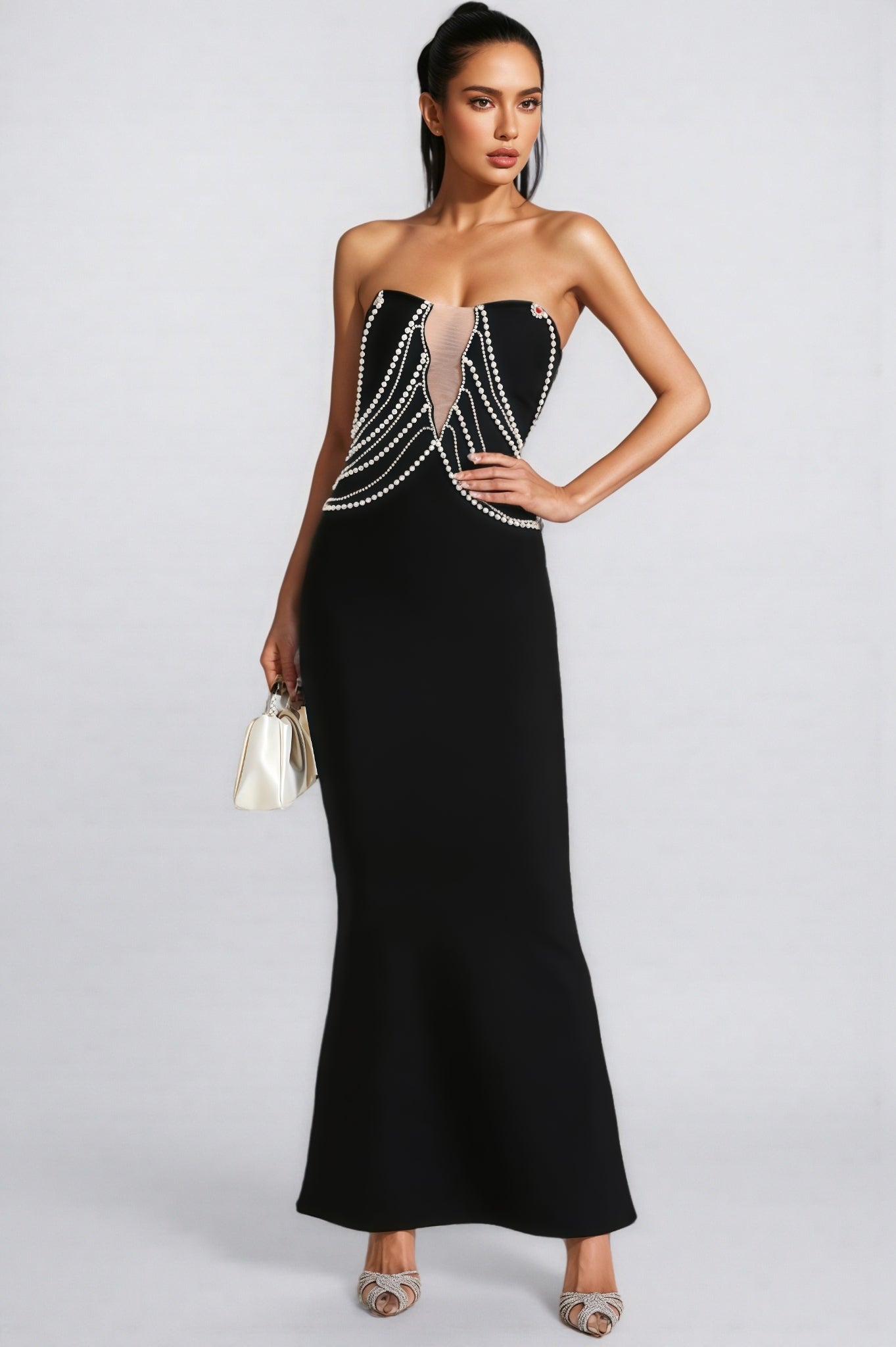 Vaughn Black Pearls Off Shoulder Maxi Dress - View 6