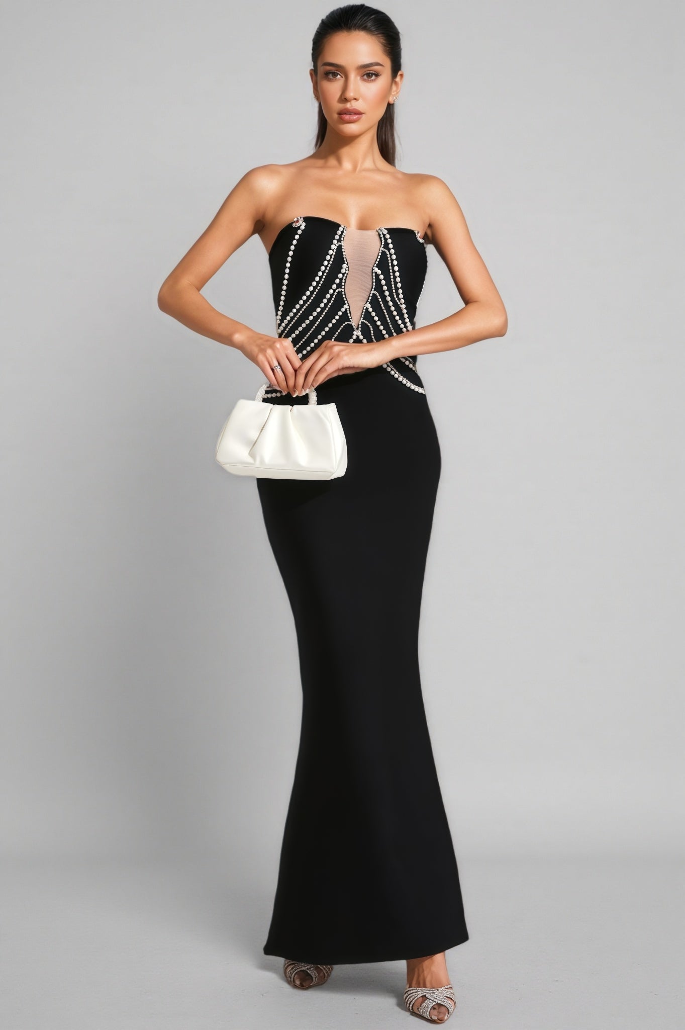 Vaughn Black Pearls Off Shoulder Maxi Dress - View 3