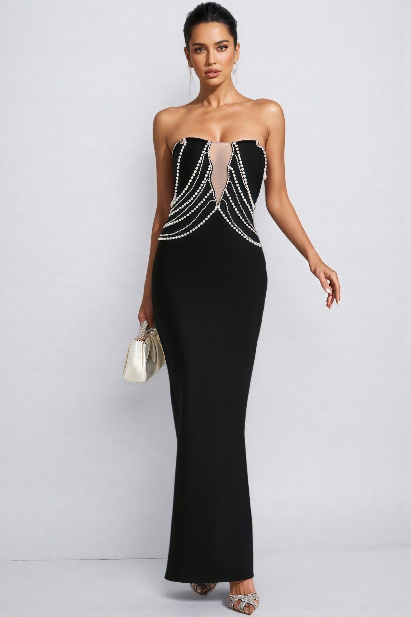Vaughn Black Pearls Off Shoulder Maxi Dress - View 4