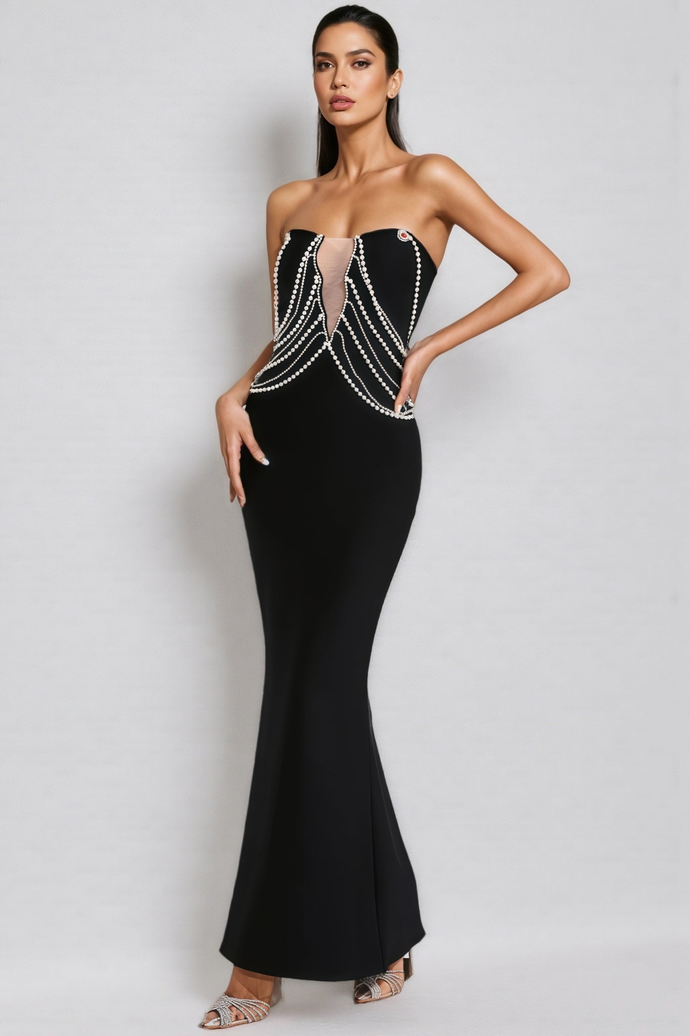 Vaughn Black Pearls Off Shoulder Maxi Dress - View 5
