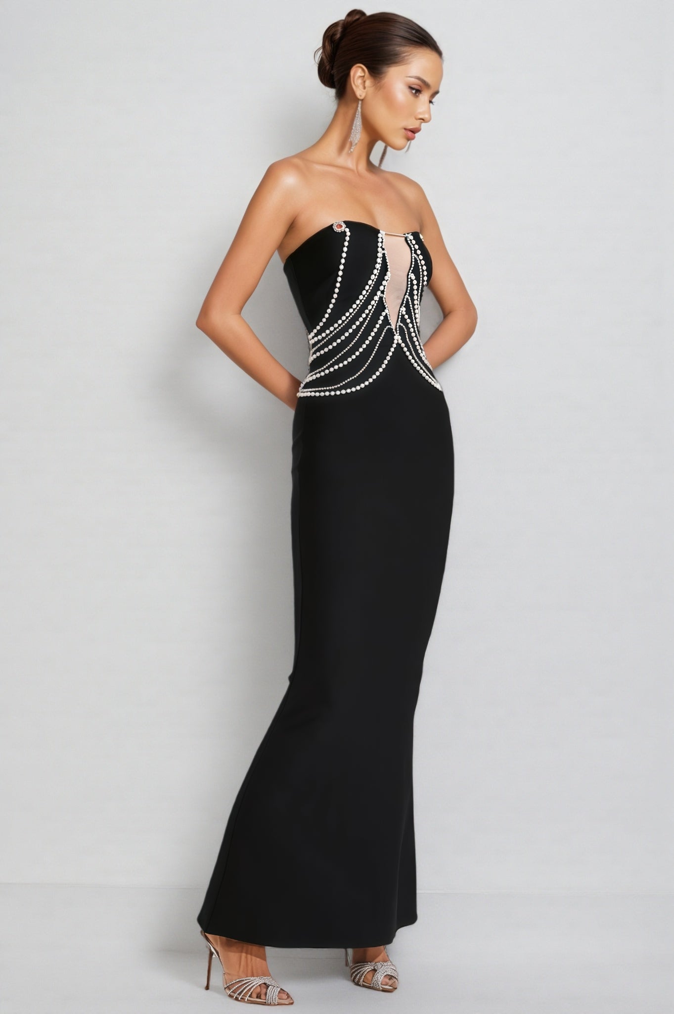 Vaughn Black Pearls Off Shoulder Maxi Dress - View 2