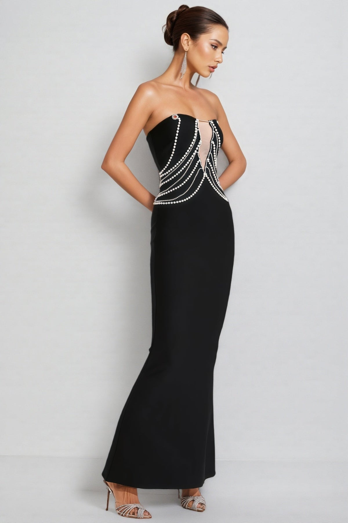 Strapless Faux Pearl Draped Chain Mesh Insert Mermaid Maxi Dress 2