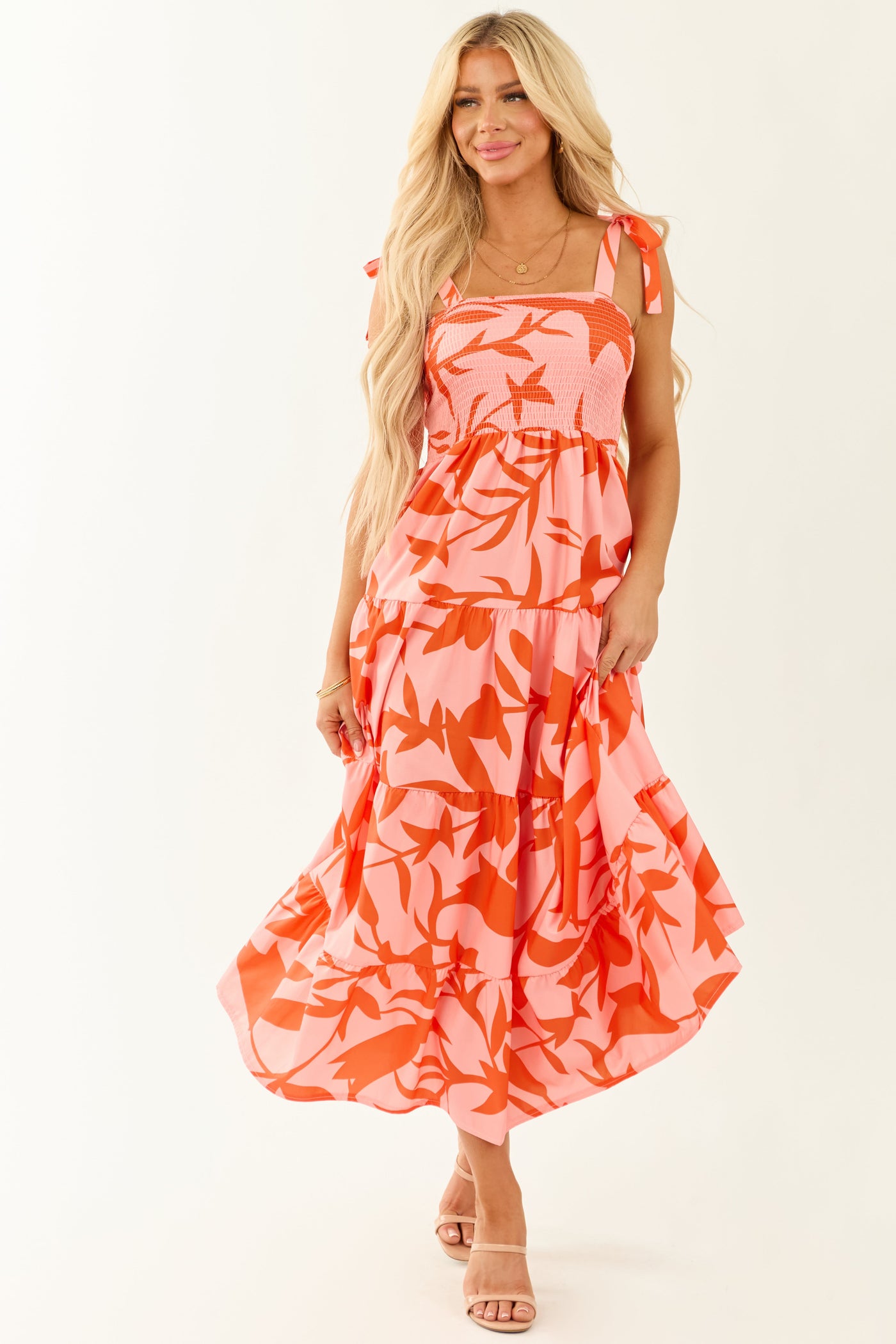 Floral Print Square Neck Smocked Tiered Midi Dress 3
