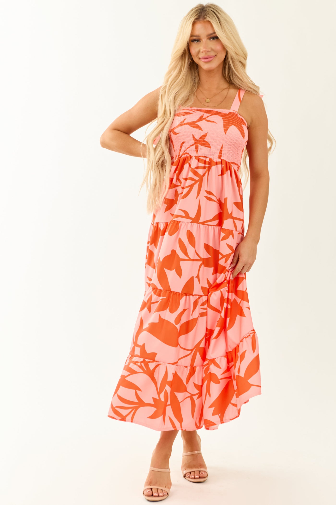 Floral Print Square Neck Smocked Tiered Midi Dress