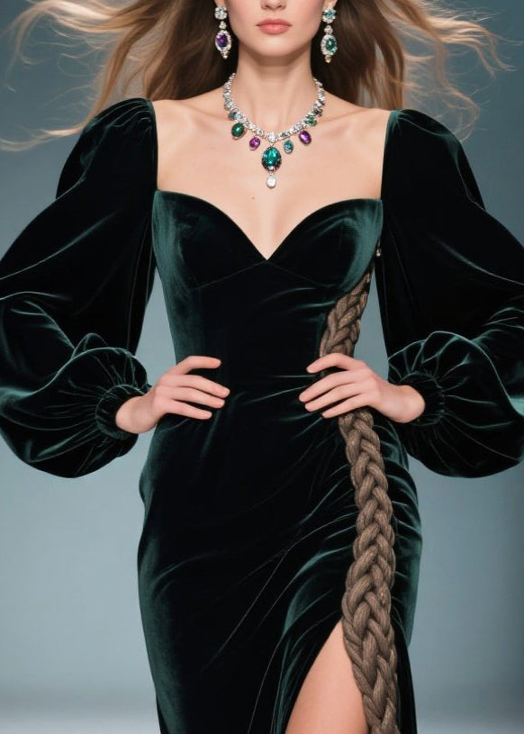 Velvet Sweetheart Bishop Sleeve Braid Trim High Split Maxi Gown