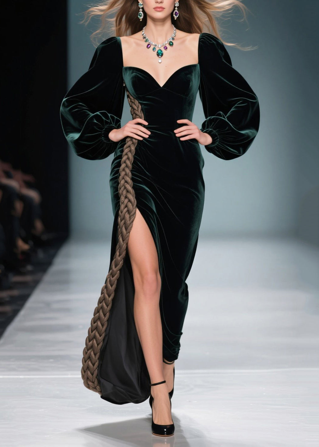 Velvet Sweetheart Bishop Sleeve Braid Trim High Split Maxi Gown