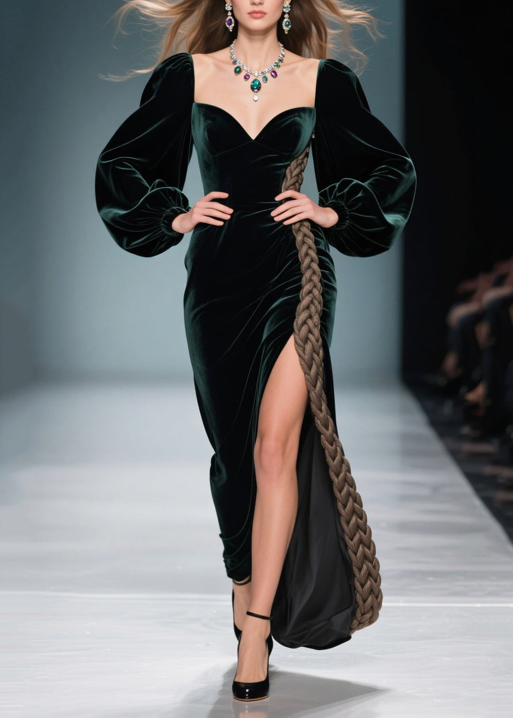 Velvet Sweetheart Bishop Sleeve Braid Trim High Split Maxi Gown