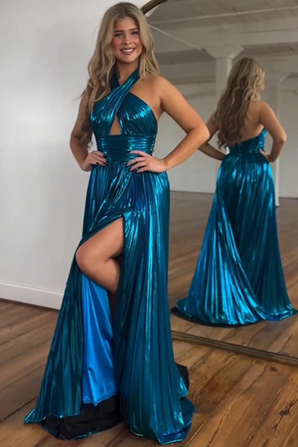 Peacock Blue Halter Neck A-Line Long Metallic Prom Dress With Slit