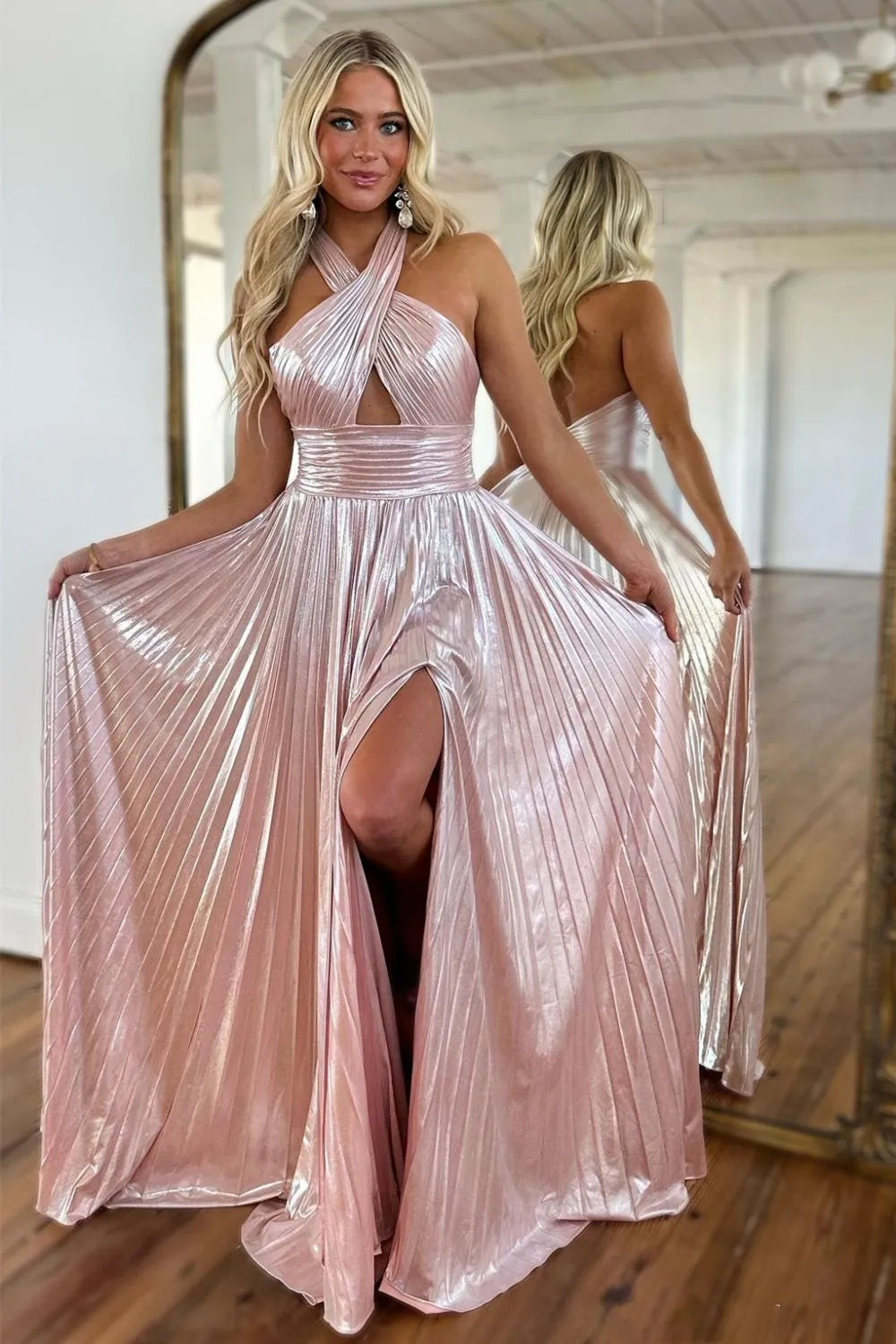 Peacock Blue Halter Neck A-Line Long Metallic Prom Dress With Slit