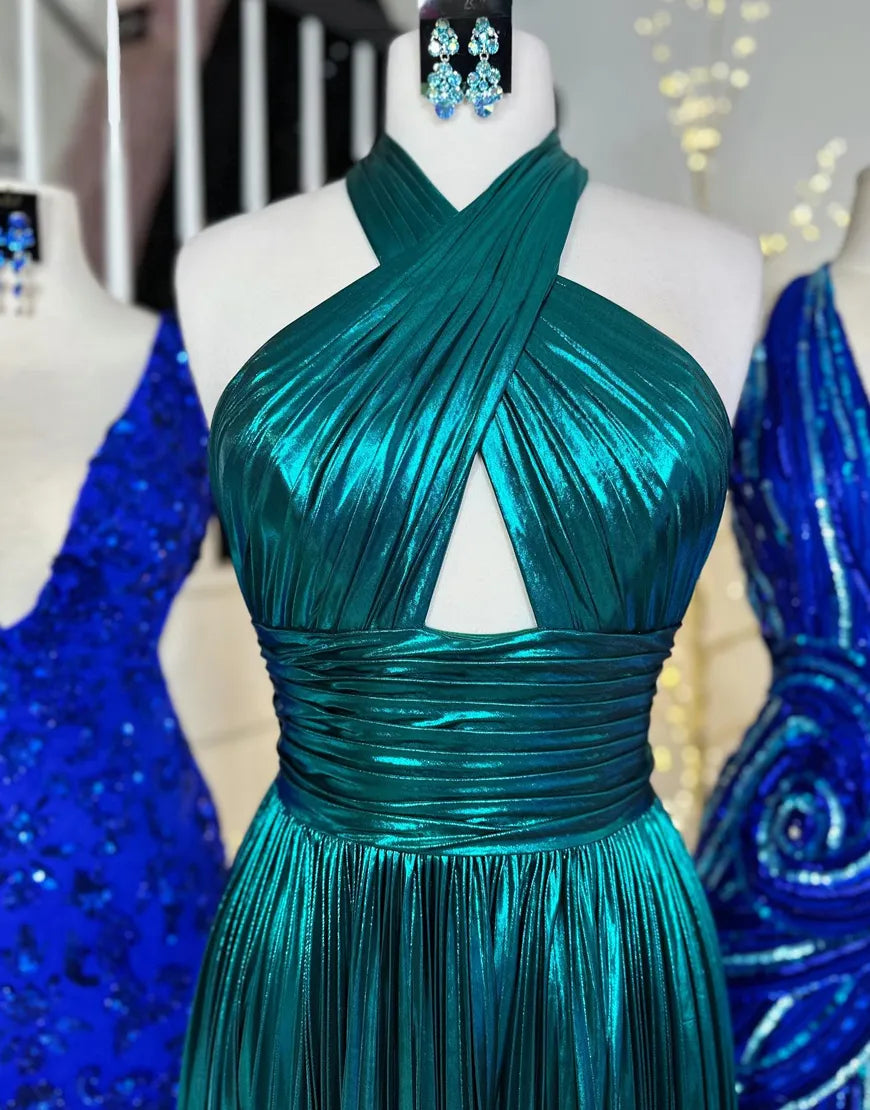 Peacock Blue Halter Neck A-Line Long Metallic Prom Dress With Slit