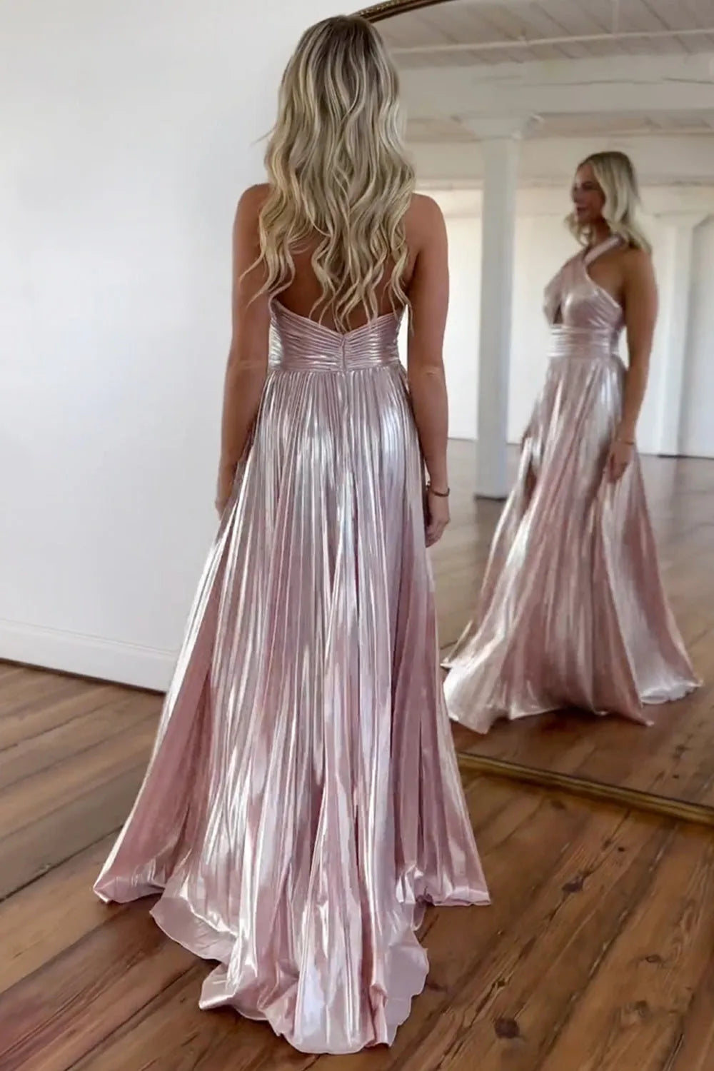 Peacock Blue Halter Neck A-Line Long Metallic Prom Dress With Slit