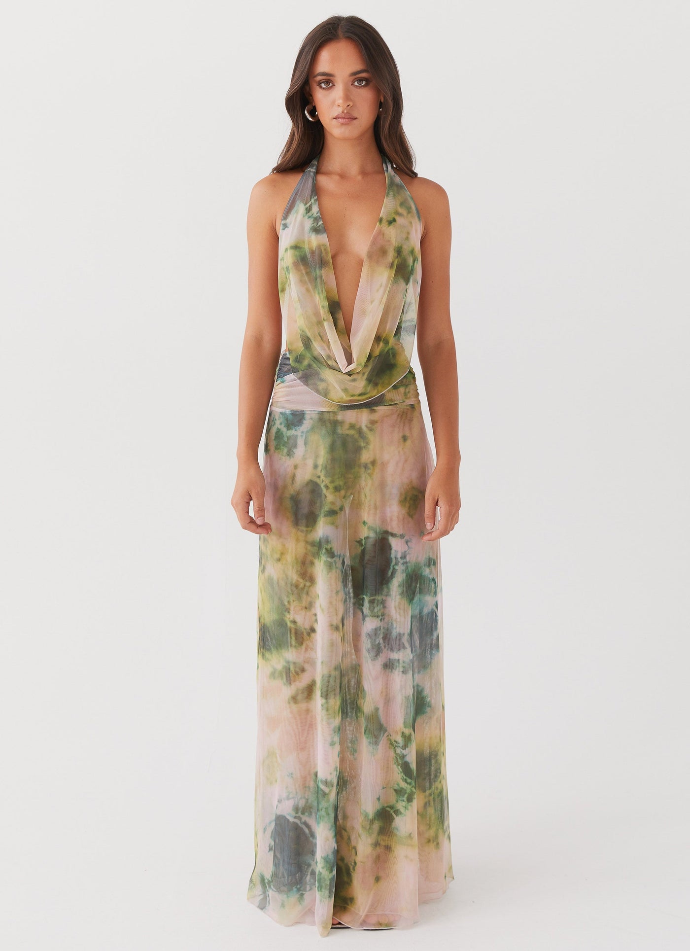 Tie Dye Mesh Halter Neck Cowl Backless Maxi Dress 3