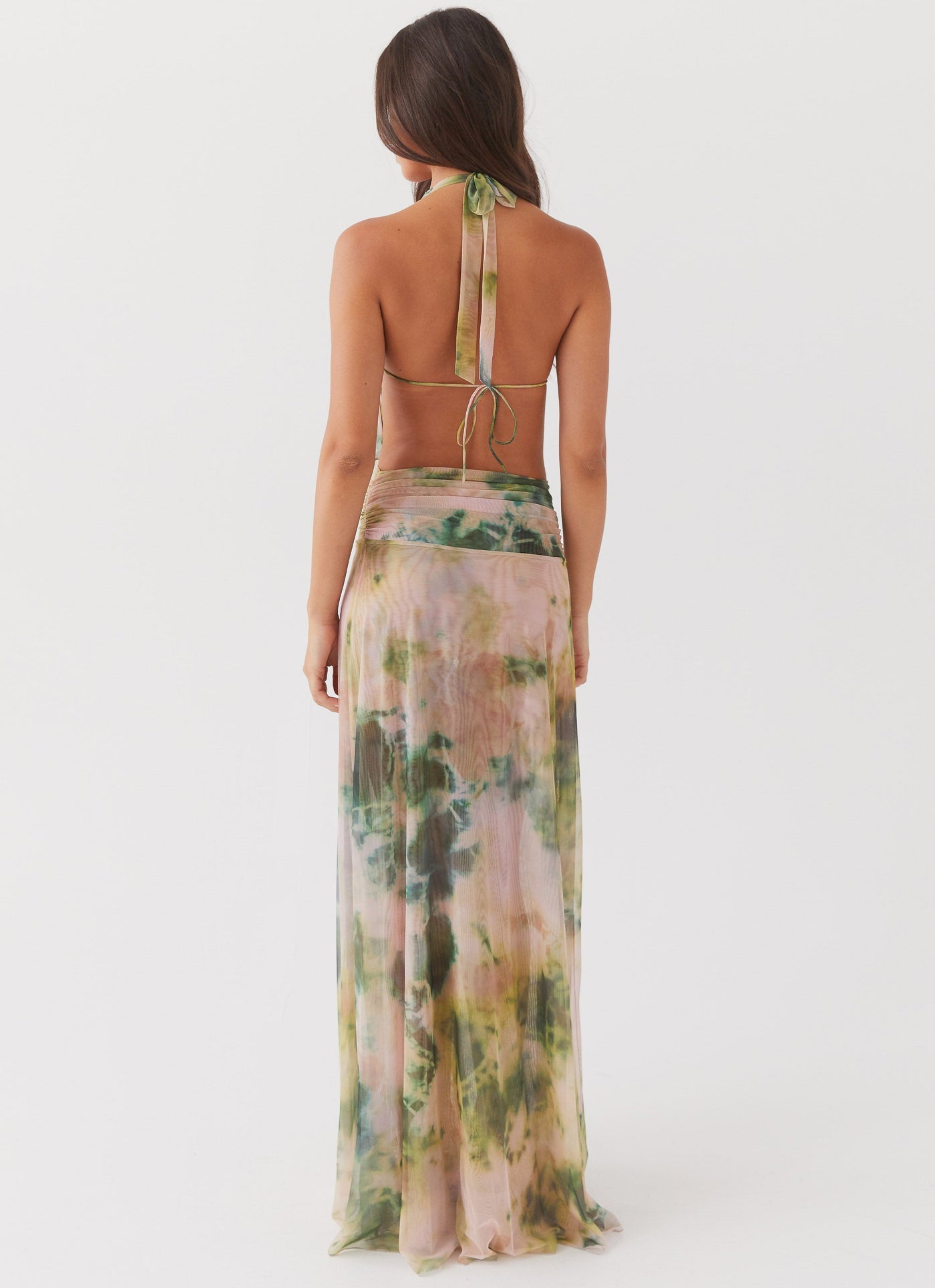 Tie Dye Mesh Halter Neck Cowl Backless Maxi Dress 2