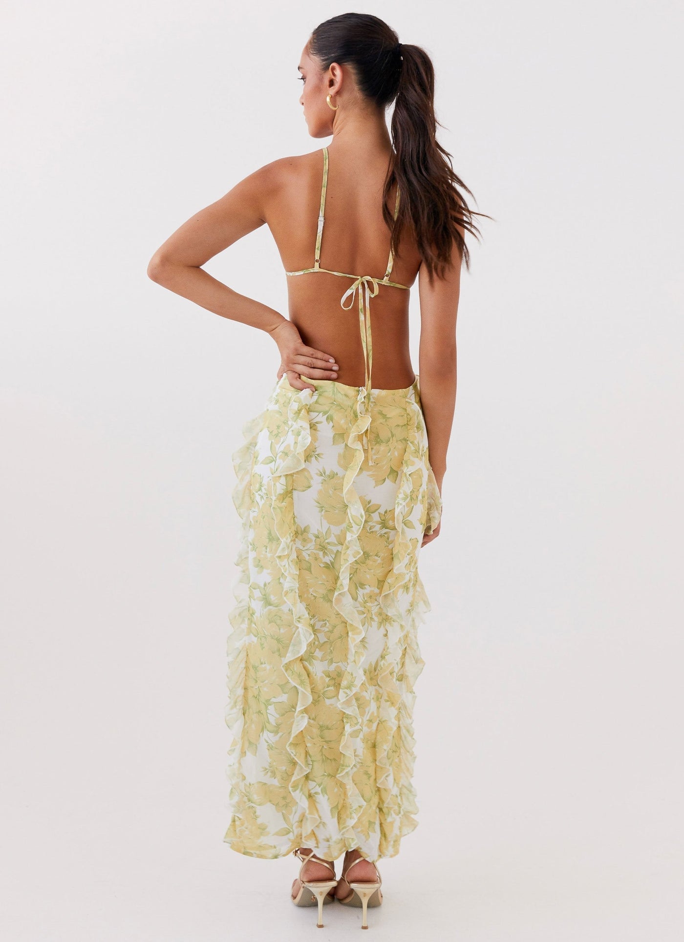 Floral Chiffon Spaghetti Strap Ruffle Cut Out Maxi Dress 3