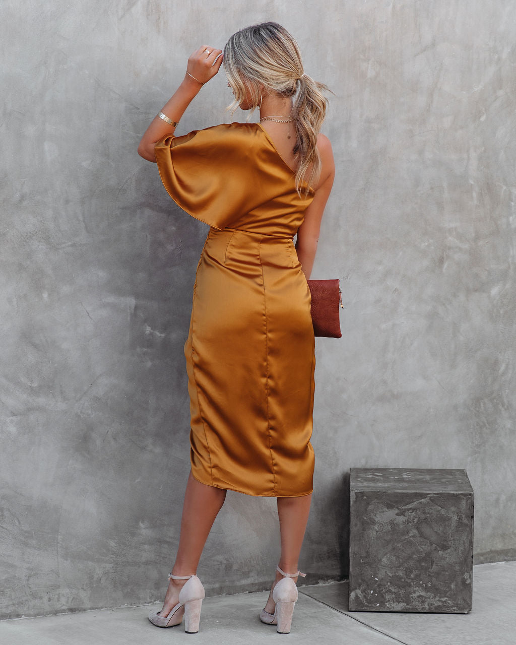 Persimmon One Shoulder Satin Drape Dress - Marigold