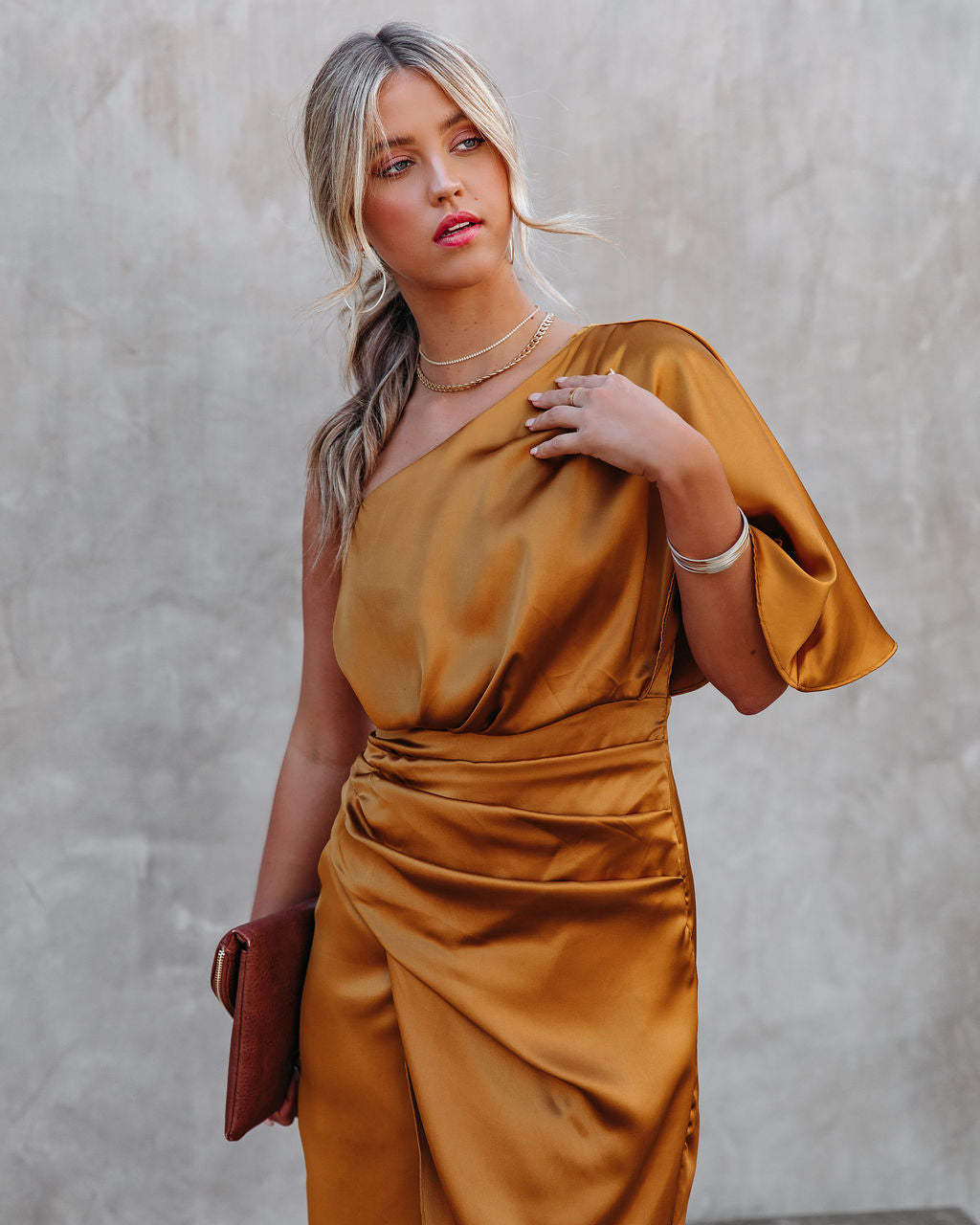 Persimmon One Shoulder Satin Drape Dress - Marigold