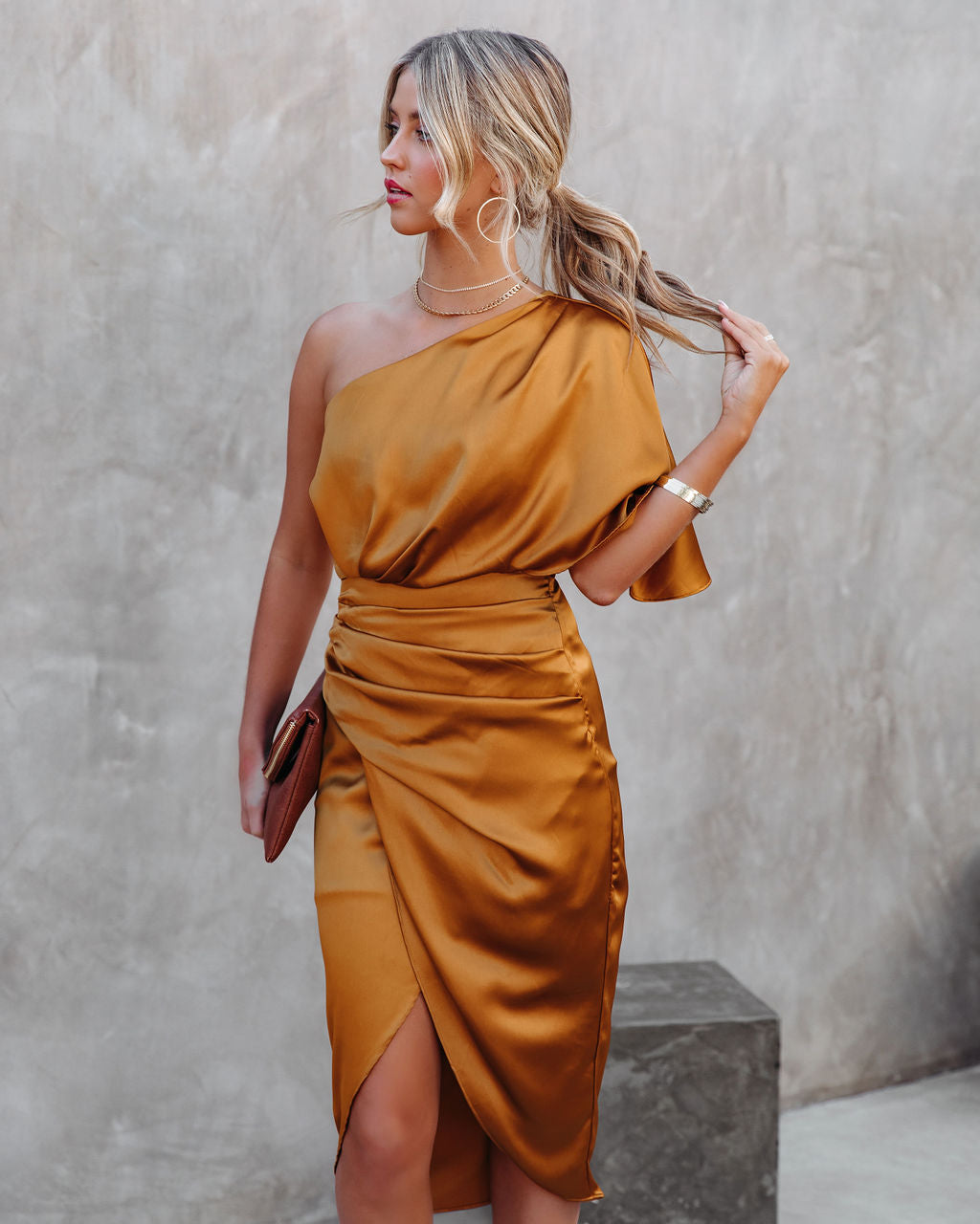 Persimmon One Shoulder Satin Drape Dress - Marigold
