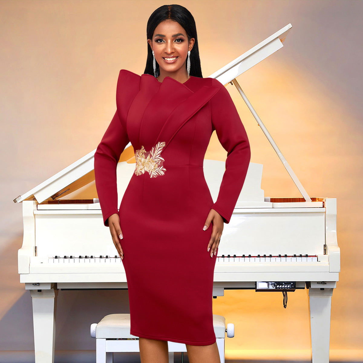 High Neck Long Sleeve Floral Embroidered Bodycon Midi Dress