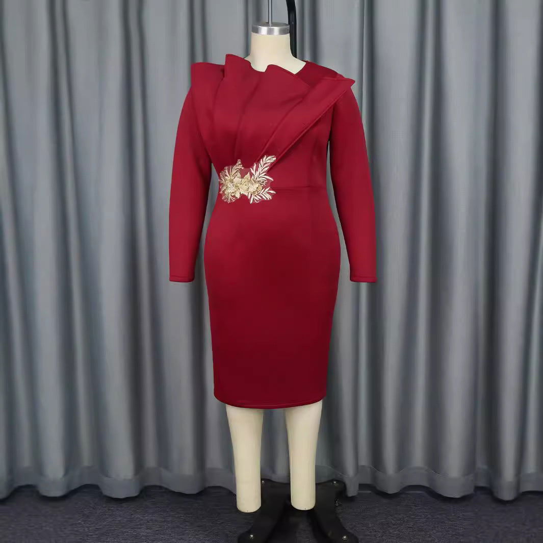 High Neck Long Sleeve Floral Embroidered Bodycon Midi Dress