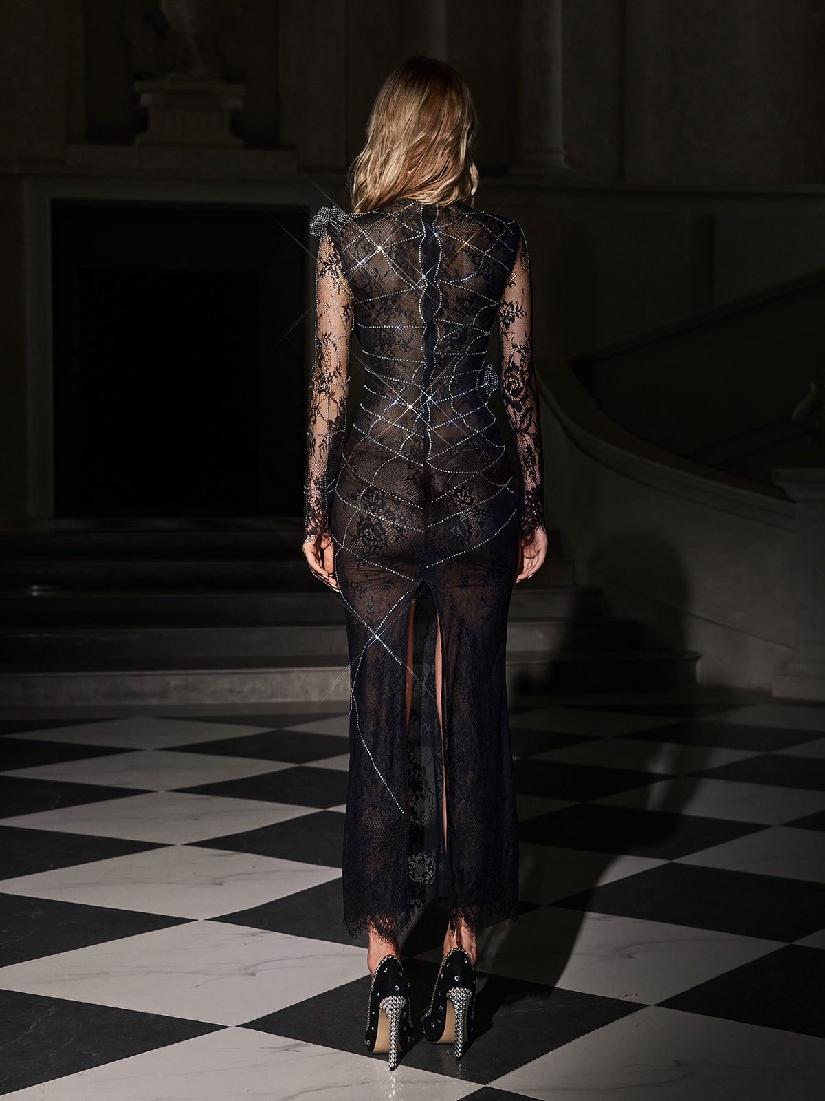 Rhinestone Cobweb Split Maxi Dress - View 6