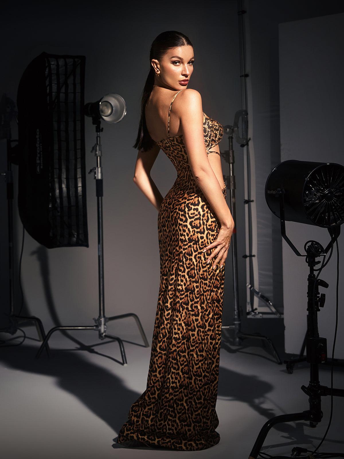 Sequin Animal Print Spaghetti Strap Cut Out Cross Strap Maxi Dress
