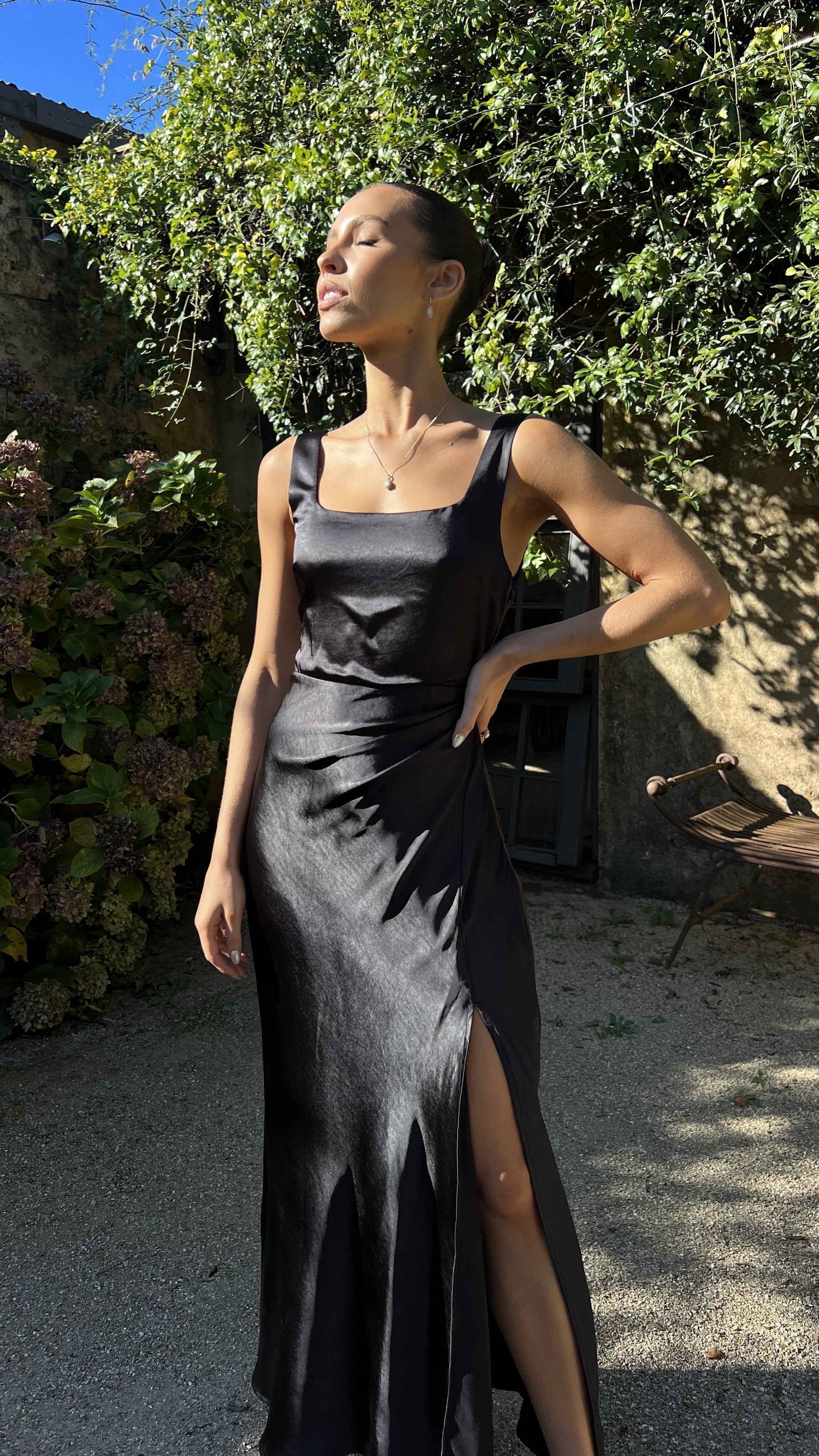 Satin Square Neck Wide Strap Sleeveless High Split Maxi Gown