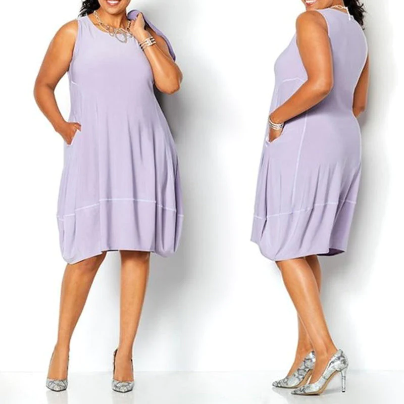 Sleeveless Round Neck Side Pocket Cocoon Shift Midi Dress