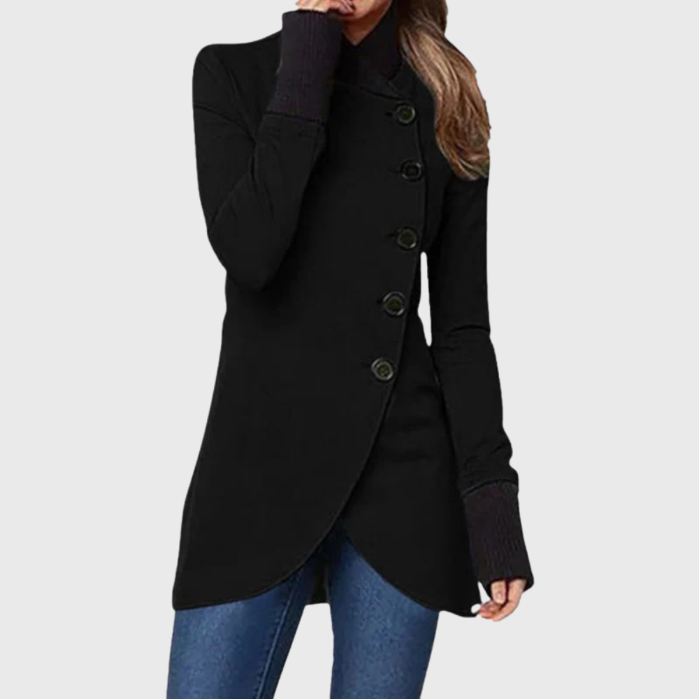 Stand Collar Asymmetric Button Wrap Hem Longline Coat